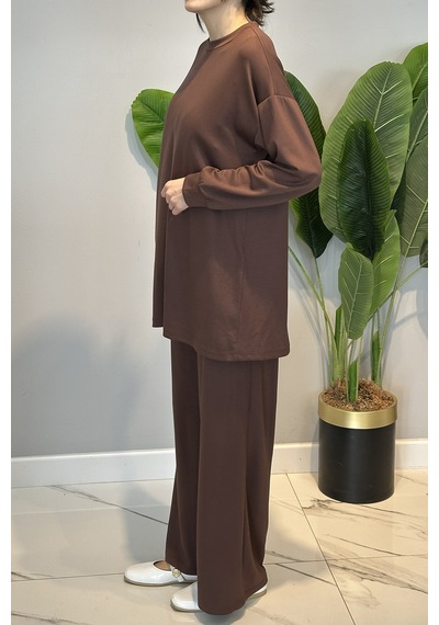 Lale Butik Örme Modal Pantolonlu Takım 19590 Kahverengi