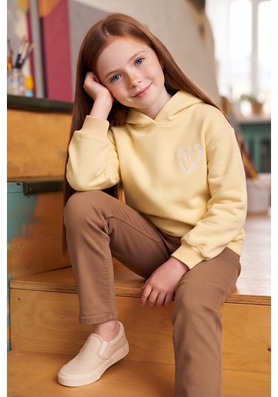 Fullamoda 3 İplik Kalp Baskılı Kapüşonlu Kız Çocuk Sweatshirt Sarı