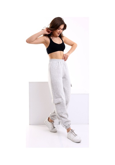 Winmoda34 Kadın Jogger Kalın 3 Iplik Yandan Cepli Kargo Eşofman Altı Gri