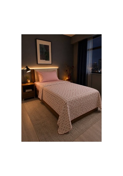 %100 Pamuk Pikolu Tek Kişilik Pike Seti - Lastikli Çarşaf - 160 X 220 Cm Pembe Pembe