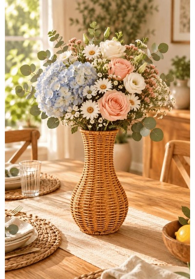 Atbyhome Doğal Hasır Rattan Çiçek Vazosu 25.5 Cm - Masa Üstü Dekoratif El Örgüsü Kuru Çiçeklik Ve Saksı Kahverengi