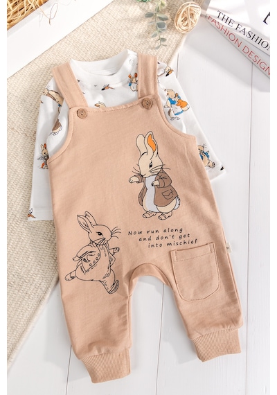 Babymod Tavşan Fiğürlü 2'li Erkek Bebek Salopet Tulum Bej