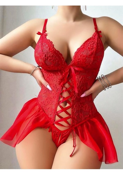 Majeur Kadın Closet Kırmızı Dantel Detaylı Önü Dekolteli Babydoll