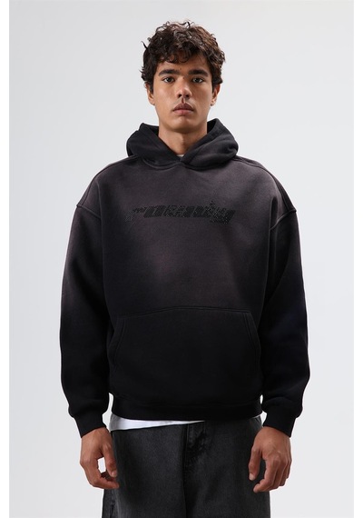 Vamos Oversize Baskılı Yıkamalı Hoodie Siyah