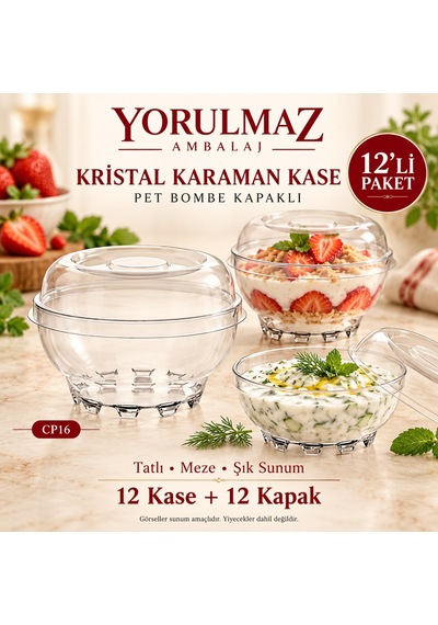 12 Li Kristal Karaman Kase Cp16 Pet Bombe Kapaklı Şeffaf Plastik Tatlı, Meze Ve Sunum Kabı