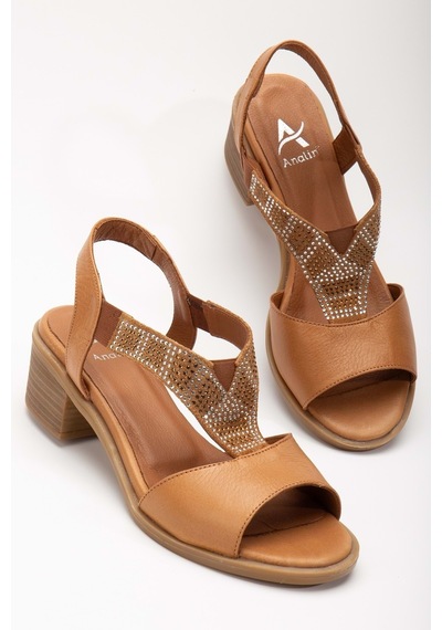 Analin Shoes Kadın Hakiki Deri Lastikli Rahat Taşlı Sandalet Kot Mavi Taba