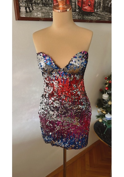 Chica Rosa Fashion Pullu Çok Renkli Straplez Mini Elbise
