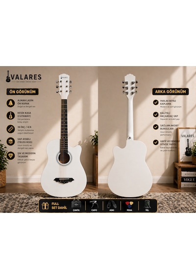 Valares 38c Kesik Kasa Beyaz Akustik Gitar 38 İnç 4/4 Yetişkin Üst Segment Çanta Capo Askı Pena