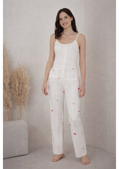 Pemilo Kadın 2028-3 Likralı Askılı Pijama Takımı Ekru