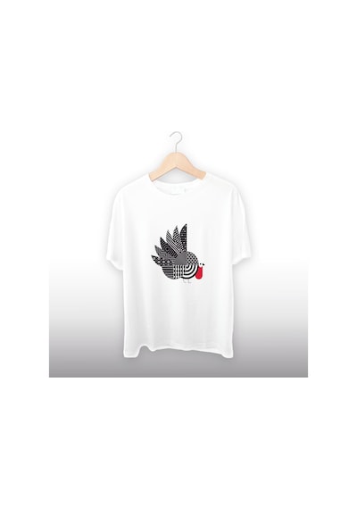 Tavus Kuşu Detaylı Unisex Tişört Beyaz