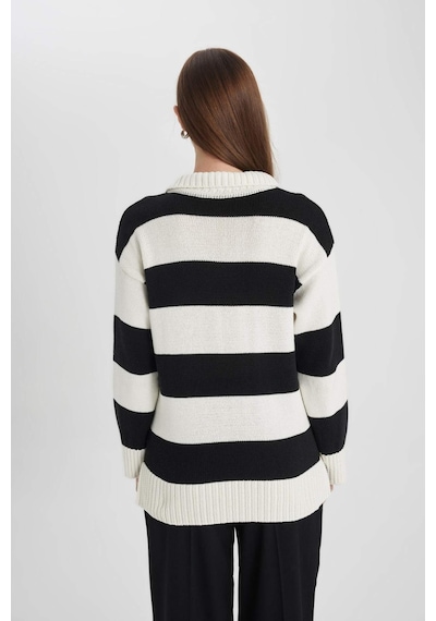 DeFacto Regular Fit Polo Yaka Çizgili Triko Kazak Tunik B8370AX24SPER133 Ekru