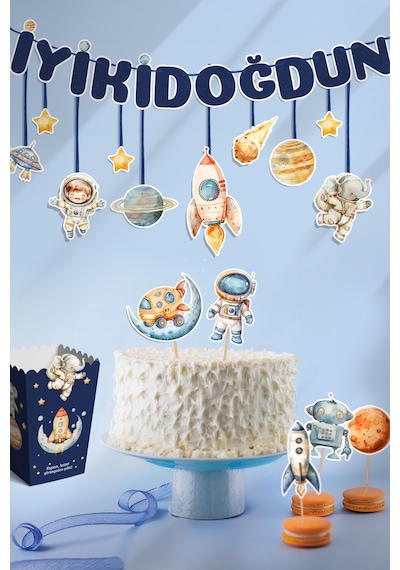 Astronotlar Ve Uzay Figürleri Temalı Doğum Günü Konsepti Süsleme Seti , Cupcake Süsü Flama Etiket Dijital Baskı