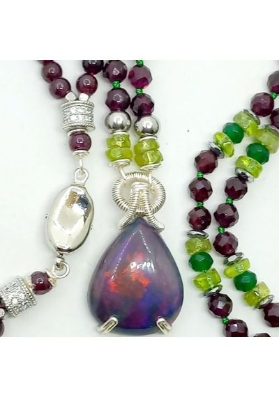 2815 Ateş Opal Garnet Lal Zebercet Yeşim Hematit Gümüş 925 Aparatlı El Yapımı Kolye Çok renkli