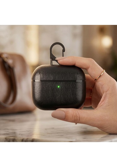 Caseonn Apple Airpods Uyumlu 5 Kılıf Kancalı Lüks Deri Görünümlü Siyah