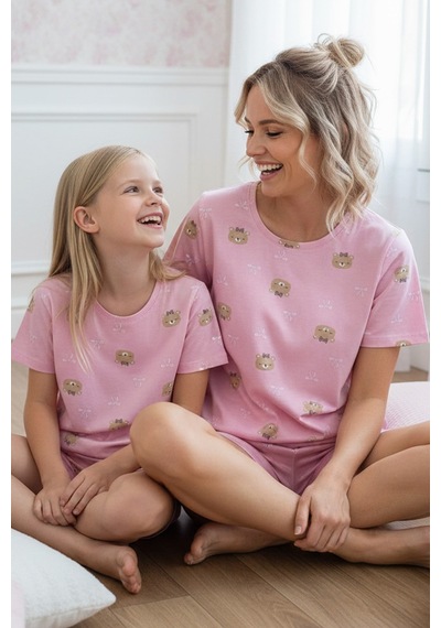 Siyah İnci Pembe Desenli Pamuklu Bisiklet Yaka Örme Şortlu Pijama Takım