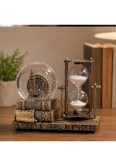 Kişiye Özel Dekoratif Big Ben Saat Kulesi Temalı Kar Küresi Ve Kum Saati Vintage Tasarım Hediyelik Masa Dekoru