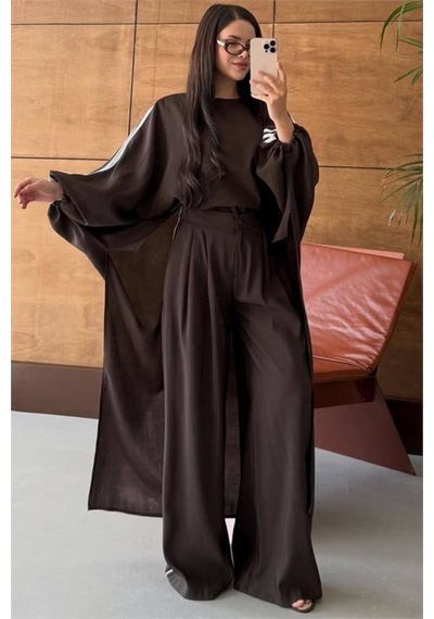 Neşeli Butik Kadın Kahve Şerit Detaylı Oversize Tunik Pantolon İkili Tesettür Takım Nms102 Kahverengi