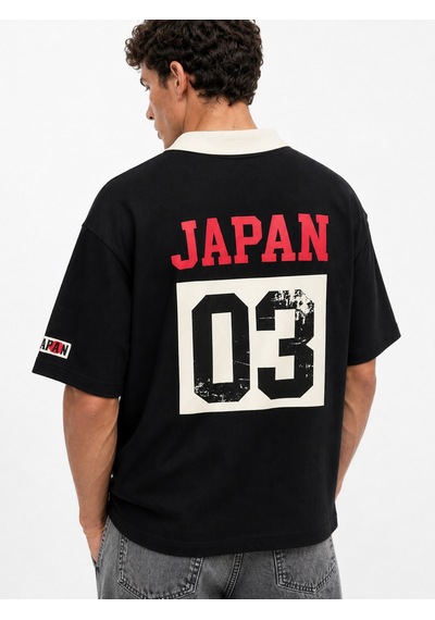 Respire Erkek Yaka Detaylı Oversize T-shirt Siyah