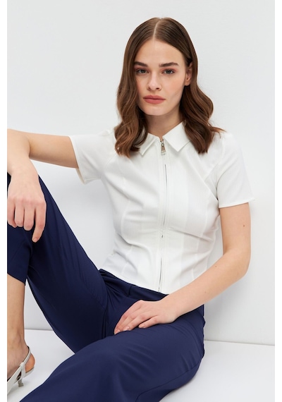 Stella Pulvis Beyaz Fermuarlı Slim Fit Kuplu Bluz Beyaz