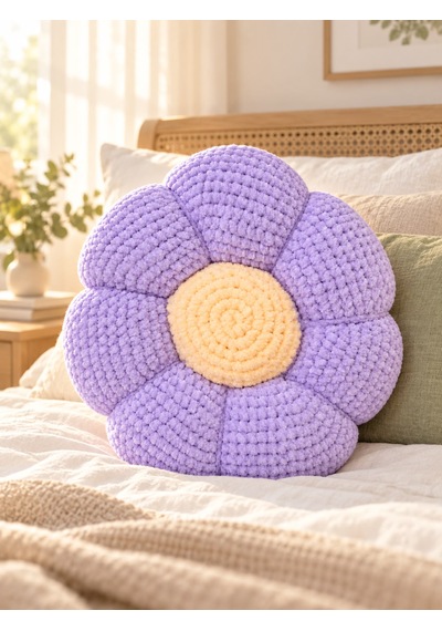 El Yapımı Örgü Çiçek Yastık Yumuşak Dokulu Dekoratif Papatya Kırlent 30 Cm Açık Mor