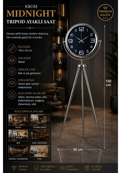 Krom Midnight 150 X 45 Cm Tripod Ayaklı Saat