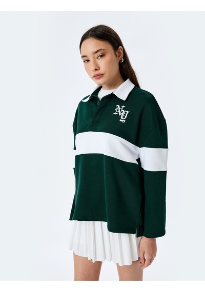 Koton Polo Yaka Nakışlı Düğmeli Renk Bloklu Oversize Sweatshirt Yeşil 5sal10439ık Yeşil Koton Polo Yaka Nakışlı Düğmeli Renk Bloklu Oversize Sweatshirt Yeşil 5sal10439ık Yeşil
