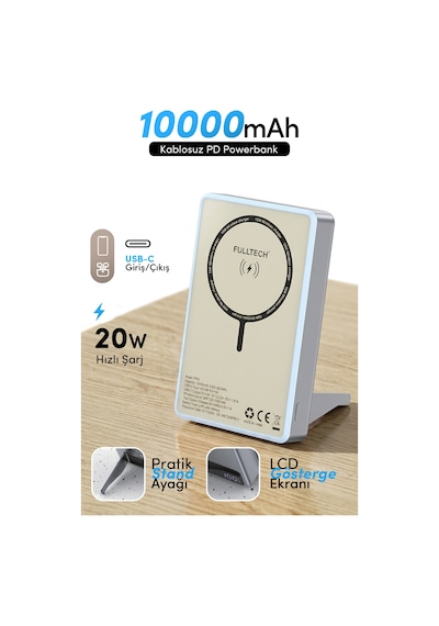 Fulltech Fp50 Magsafe Wireless Powerbank Mavi 10000mah 20w Lcd Ekranlı Standlı Taşınabilir Şarj Ciha