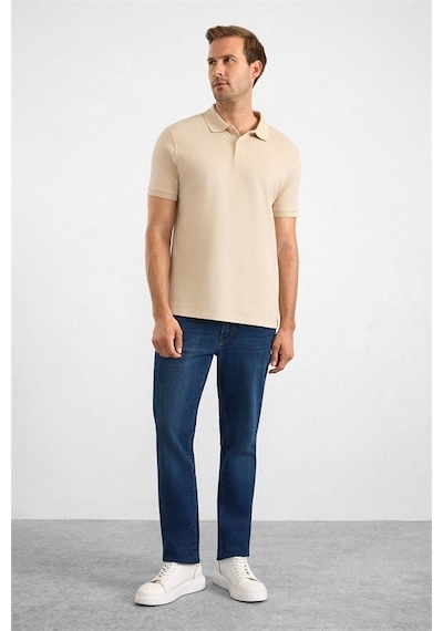 Süvari Bej Slim Düz Baskısız Pike Düğmeli Polo Yaka Tişört Sts1014000019-bj3