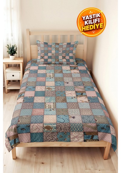 Mavi Patchwork Genç Odası Tek Kişilik Pike Takımı-pastel Geometrik 160x220 Cm Kapitone Yatak Örtüsü Mahmur Kekik Kuşağı