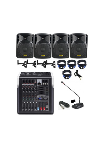 Okul Konferans Salonu Ses Sistemi Paketi 4x8 350w Kabin Hoparlör 6 Kanal Bluetooth Mikser