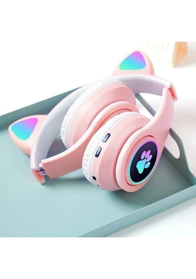 Kedi Figürlü Bluetooth Kulaklık Pembe Renkli