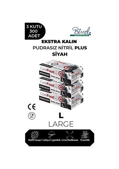Ekstra Kalın Nitril Siyah Plus Muayene Eldiveni L - 3 Paket 100'lü