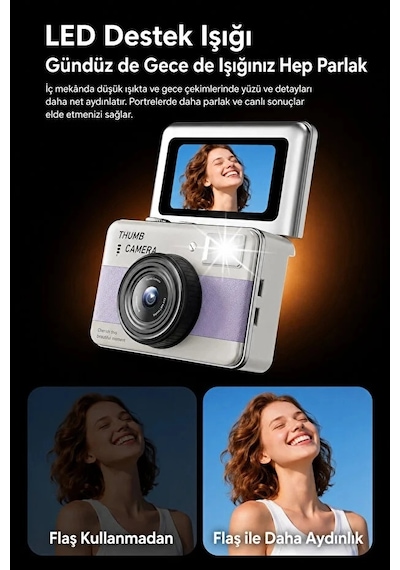 Retro Mini Dijital Kamera 1080p 1.47 İnç Flip Ekranlı Flaşlı Selfie Vlog Kamerası 4gb Sd li Ye