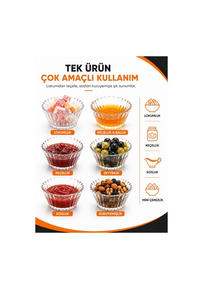 6'lı Cam Lokumluk Seti Şeffaf Cam Reçellik, Sosluk, Mini Sunum Kasesi, Türk Kahvesi Yanı İkramlık