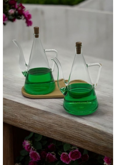 Qerhome Borosilikat Cam Bambu Standlı 2'li Glazzy Yağlık Set 500 Ml+500 Ml Şeffaf