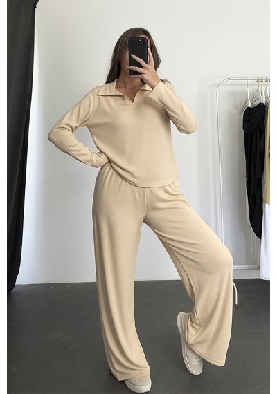 Balenbi Kadın Modal Kumaş Polo Yaka Uzun Kollu Takım 1126 Bej