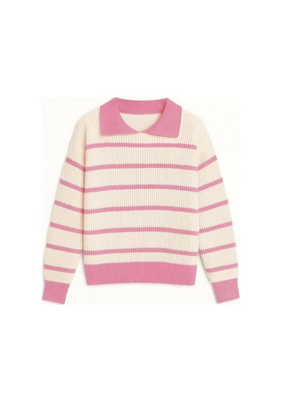 De Pose Ekru Pembe Selanik Örgü Polo Yaka Oversize Kadın Triko Kazak Pembe