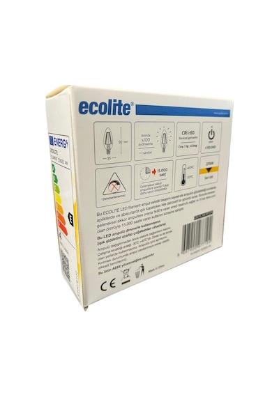 Ecolite 4w Led Filament Mum Ampul, E14 Duy, 6500k Beyaz Işık, 470 Lümen, Şeffaf Cam, Akkor Görünümlü Dekoratif L Diğer