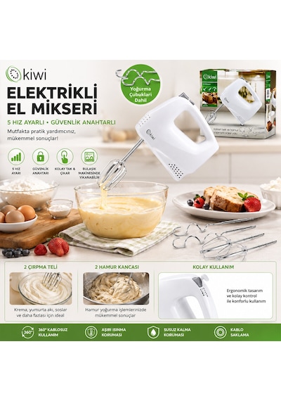Kiwi Kmx-3608 Elektrikli El Mikseri 2pcs Metal Çırpma Aparatı - 2pcs Hamur Kancası 5 Kademe Hız Çırp