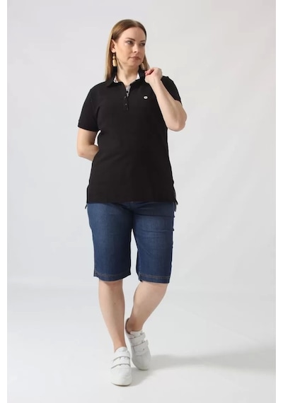 Moda Berray 21305 Kısa Kollu Büyük Beden Lakost Kumas T-shirt Siyah Siyah