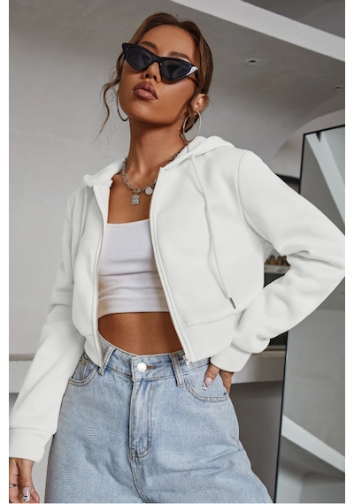 Cool Tarz Kadın Kapüşonlu Şardonlu Beyaz Renk Crop Sweatshirt Beyaz Beyaz