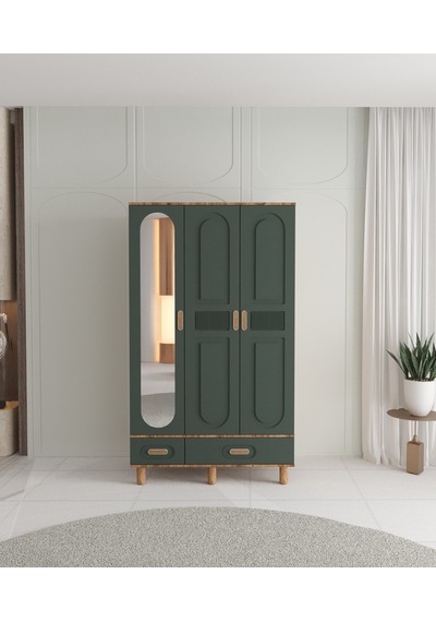 Dova 3 Kapaklı Çekmeceli Gardırop - Tamamı Mdf Yeşil