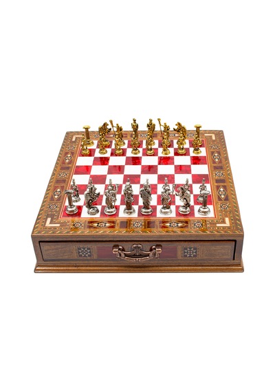 Saklamalı - 147 - Satranç Roma Oymalı Sc38s - 32cm, Kırmızı Tahta - Muratech - - Sc32k