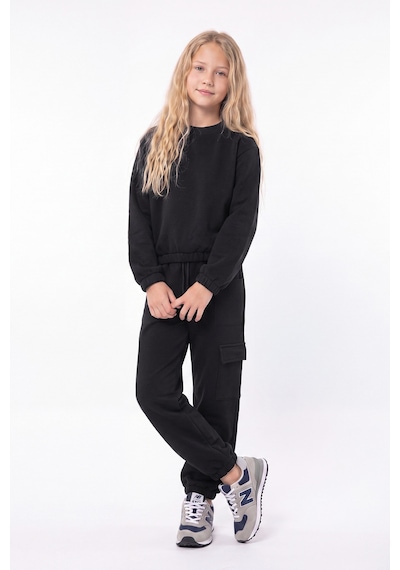 Fyk Kids 3 İplik Kız Çocuk Düz Kısa Bel Sweatshirt Bisiklet Yaka Eşofman Takımı Siyah