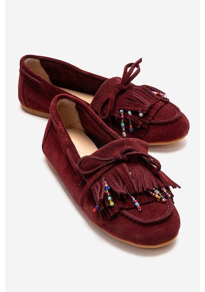 Luvishoes Evelyn Bordo Süet Hakiki Deri Püsküllü Boncuklu Kadın Loafer Ayakkabı