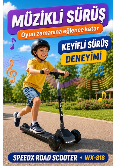 Antrasit Işıklı Müzikli Speedx Road Scooter Wx-818 3 Tekerlekli Çocuk Scooterı Geniş Dokulu Taban