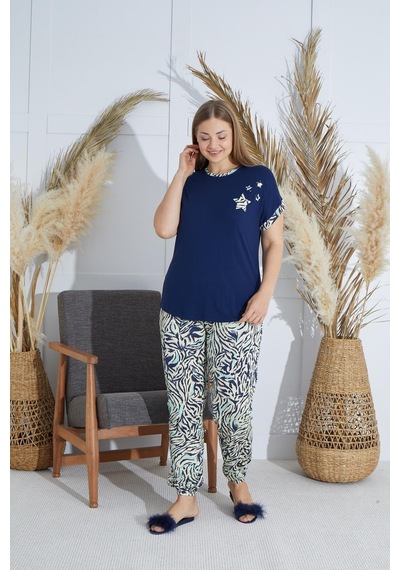 Sevim Kadın Büyük Beden Kısa Kol Lacivert Pijama Takım C3t4n851 001