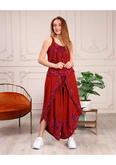 Bohem Stil Otantik Nakış İşlemeli Harem Şalvar Pantolon Buluz Takım-8816 Kiremit