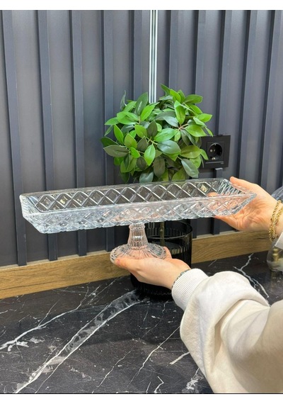 El Yapımı Kafes Model Dikdörtgen Üç Gözlü Ayaklı Cam Sunumluk 39 Cm Şeffaf