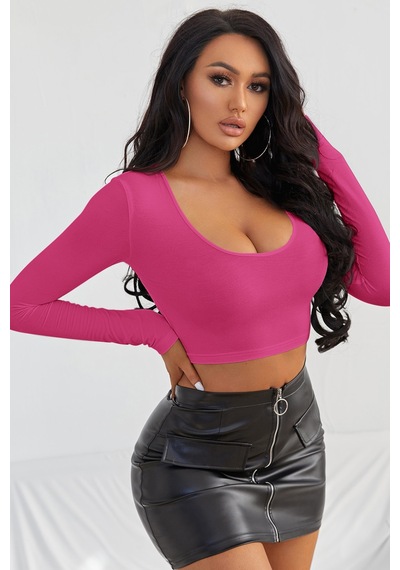Epilons Zenvial Kadın Fuşya Uzun Kol Kare Yaka Crop Top Bluz Zenviall2